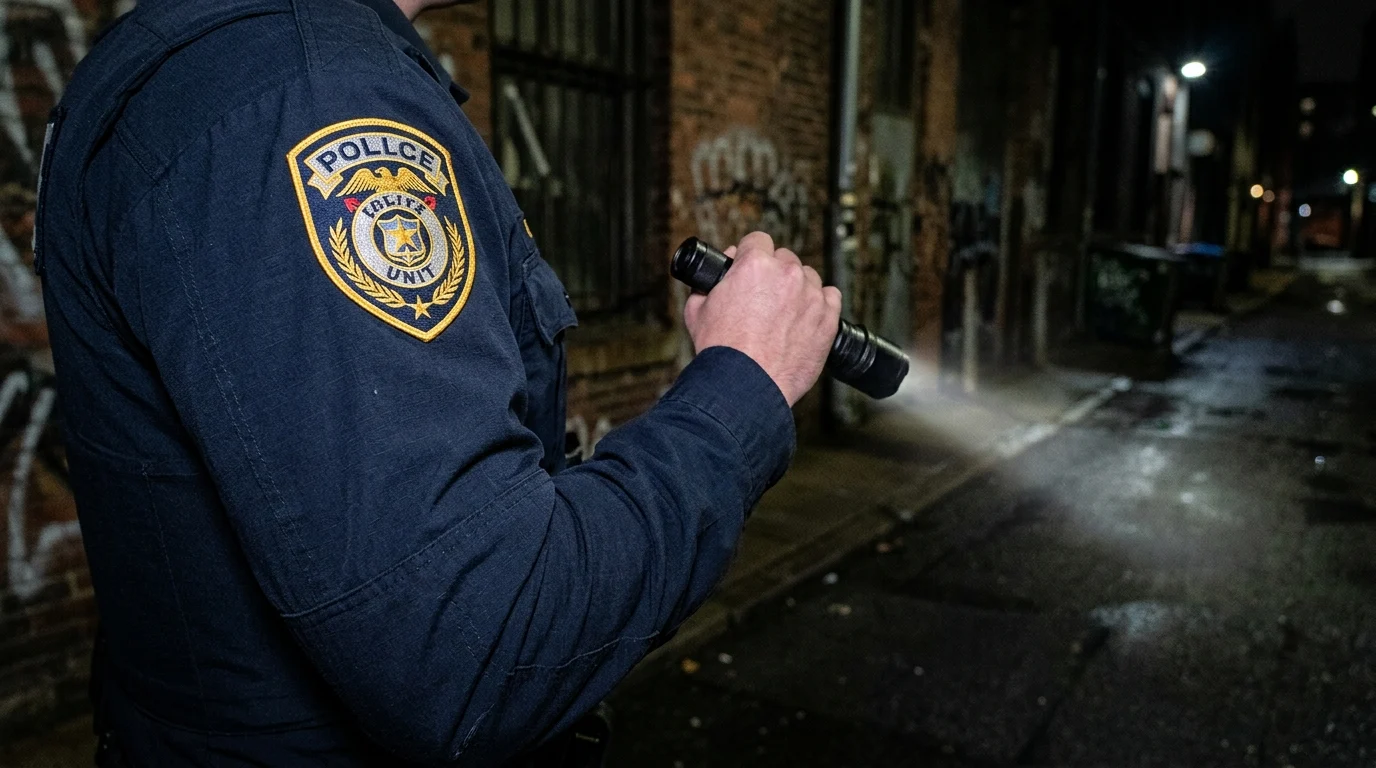 A conceptual close-up of a police officer's uniform in a dark setting.