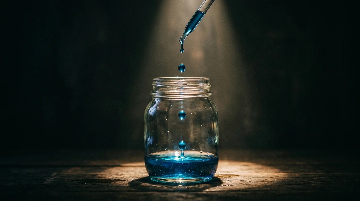 A glass jar under a spotlight collecting blue liquid droplets.