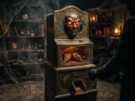 A mysterious and eerie antique fortune telling machine in a dark room.