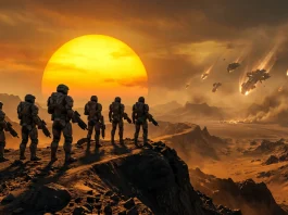 A conceptual sci-fi landscape showing futuristic soldiers on an alien planet.