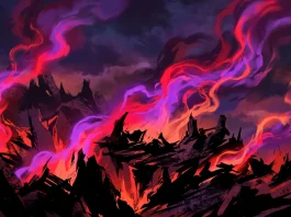 Abstract neon red and purple hellish landscape digital art.