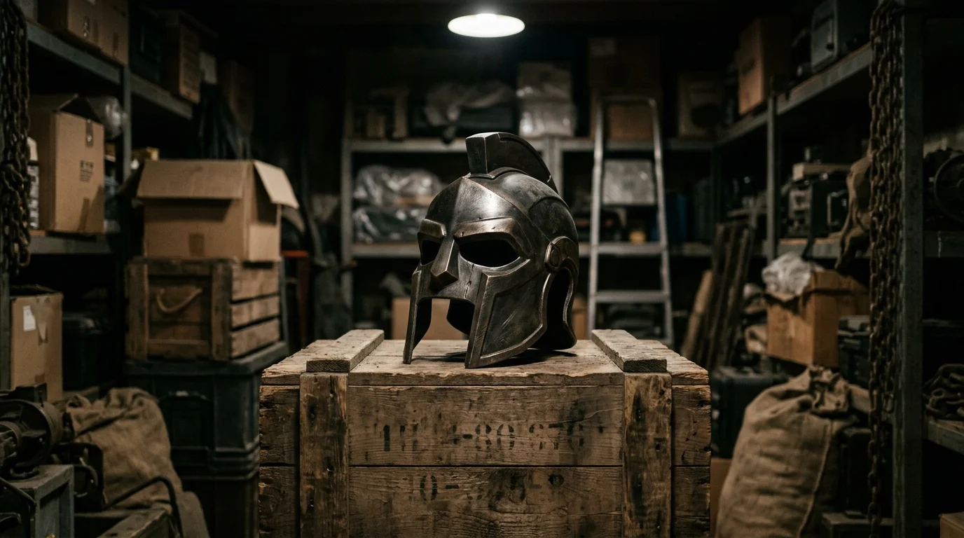 A conceptual metallic helmet resting in storage to symbolize 's current status.