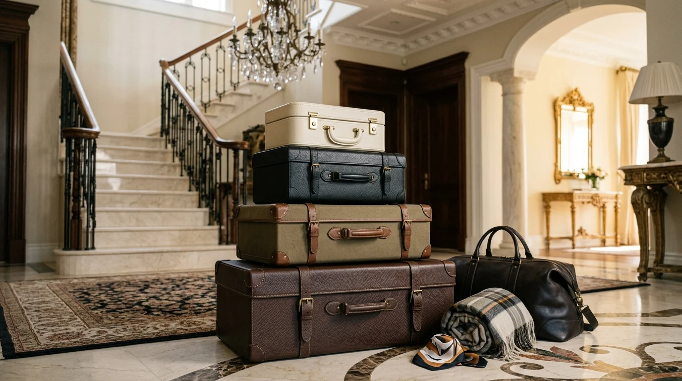 Luxury travel luggage in an opulent home setting.