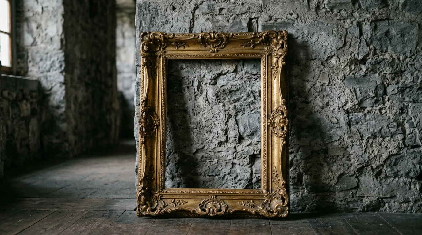 An empty gold frame against a stone wall.