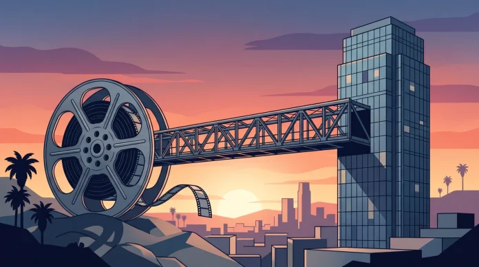 An artistic illustration symbolizing the intersection of corporate mergers and Hollywood's film industry roots.