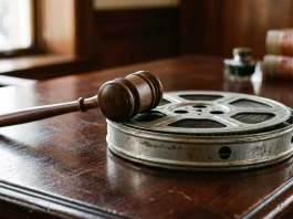 A judge's gavel and a film reel canister on a desk.
