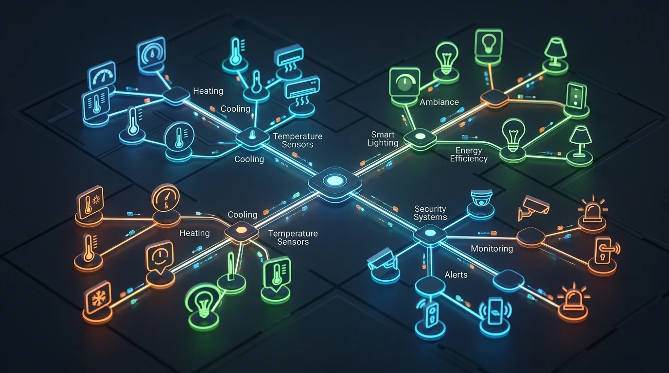Abstract visualization of a connected smart home ecosystem.