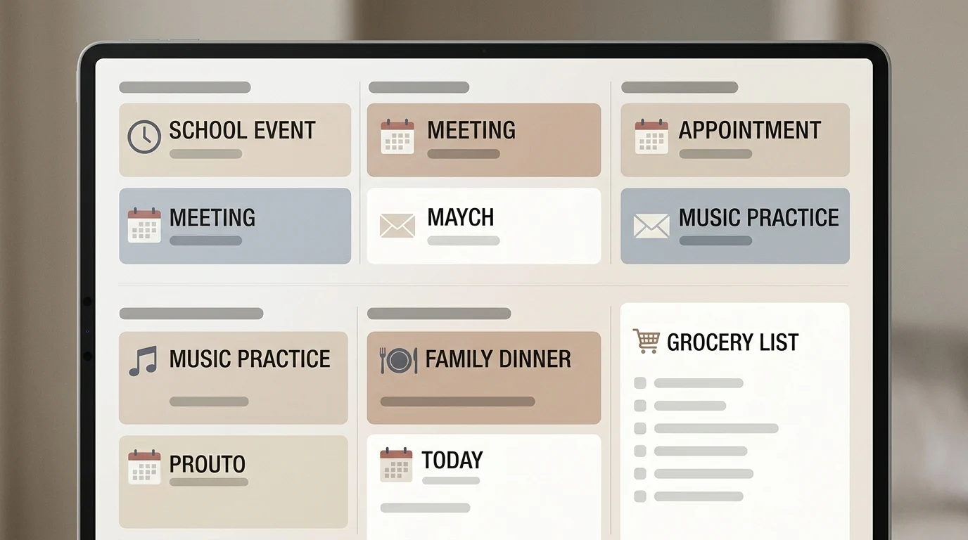 A digital screen showing a personalized family dashboard for home management.