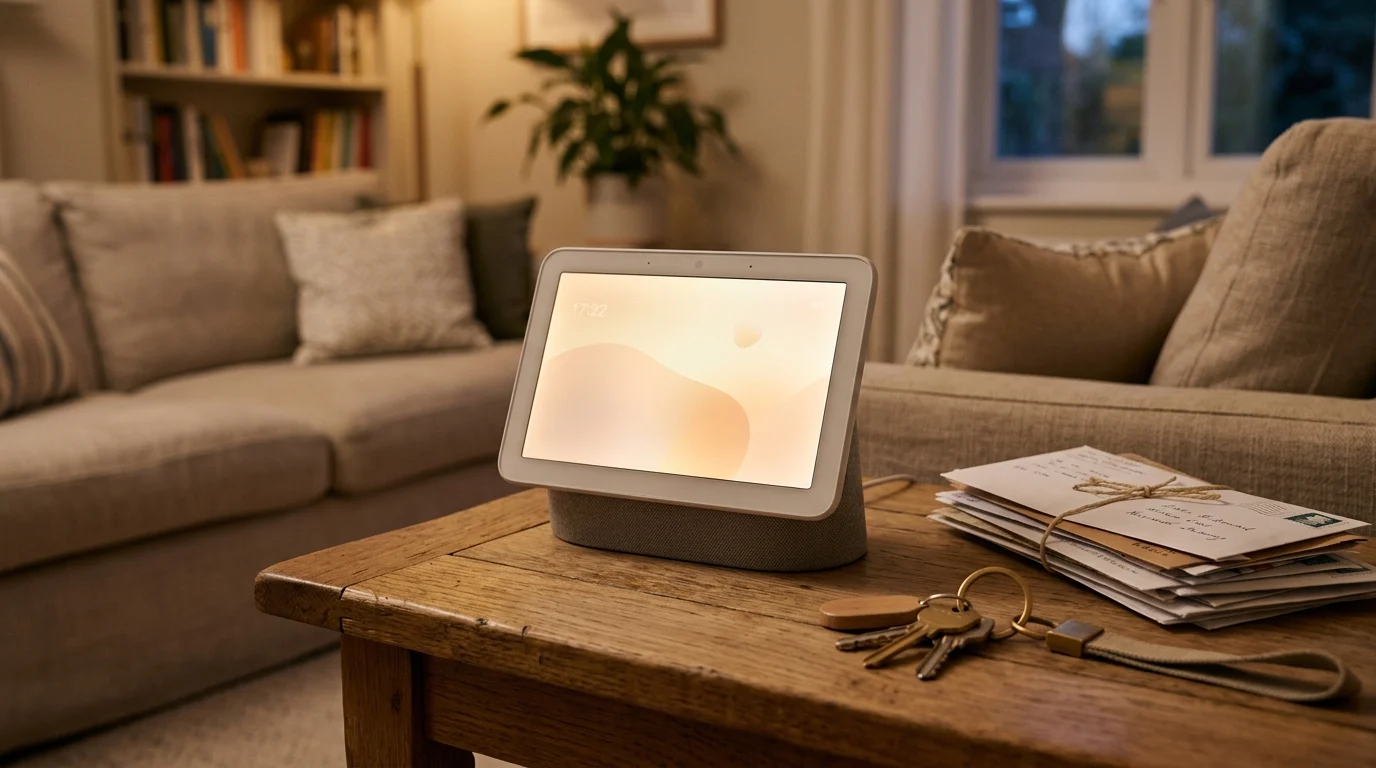 A tabletop smart home hub on a wooden surface in a domestic setting.