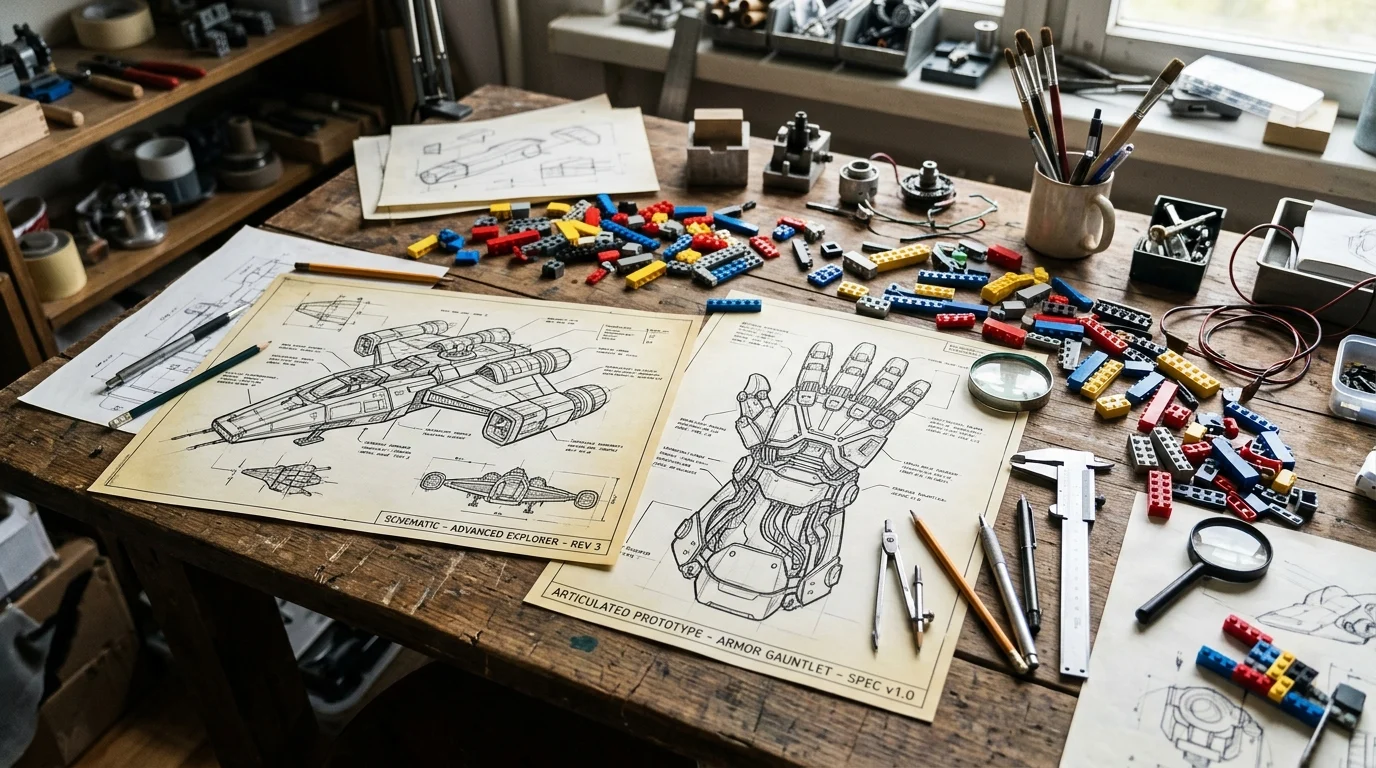 A conceptual workbench with sketches of hybrid sci-fi vehicles and superhero gear.