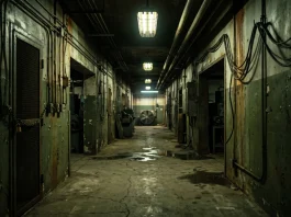 A moody, dimly lit industrial corridor evoking a horror film atmosphere.