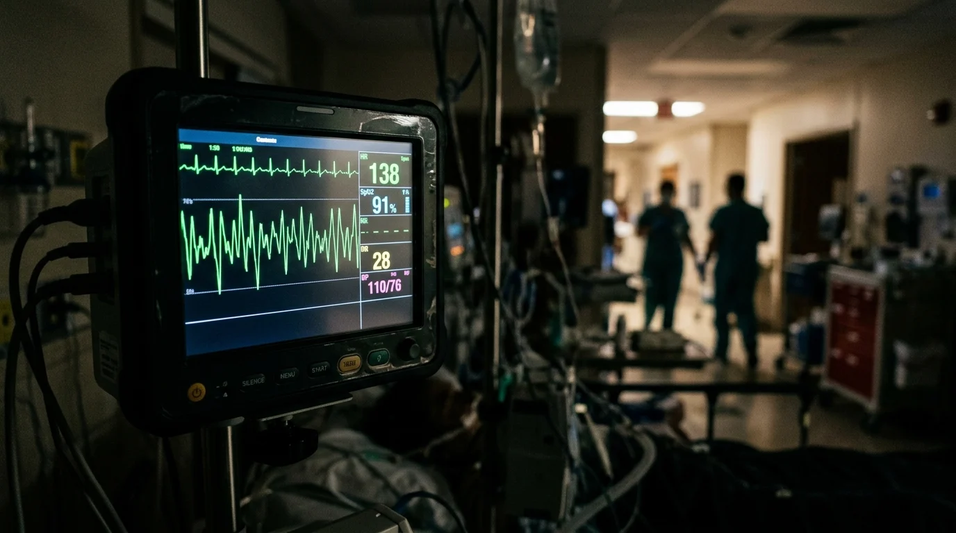 A digital display of a patient heartbeat monitor in a dark room.