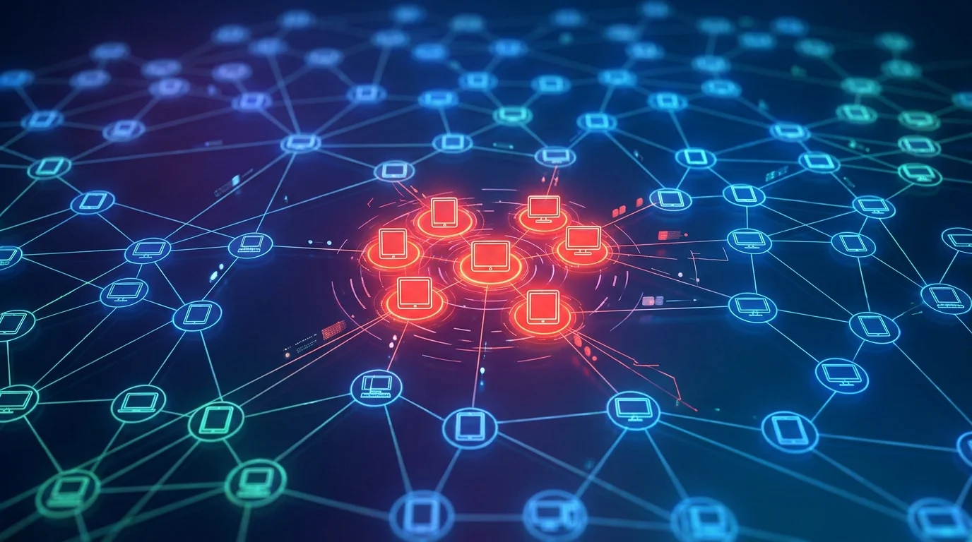 Abstract visualization of a hospital network showing some compromised end-user devices.