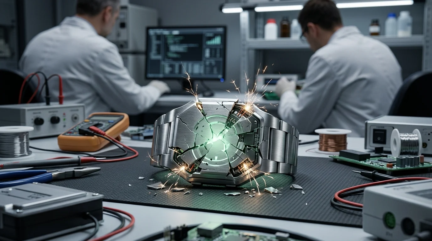 A broken mechanical wrist inhibitor on a laboratory table