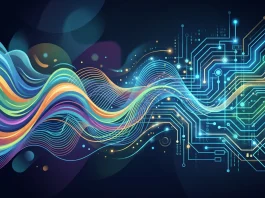 Conceptual representation of sound waves and digital circuits merging