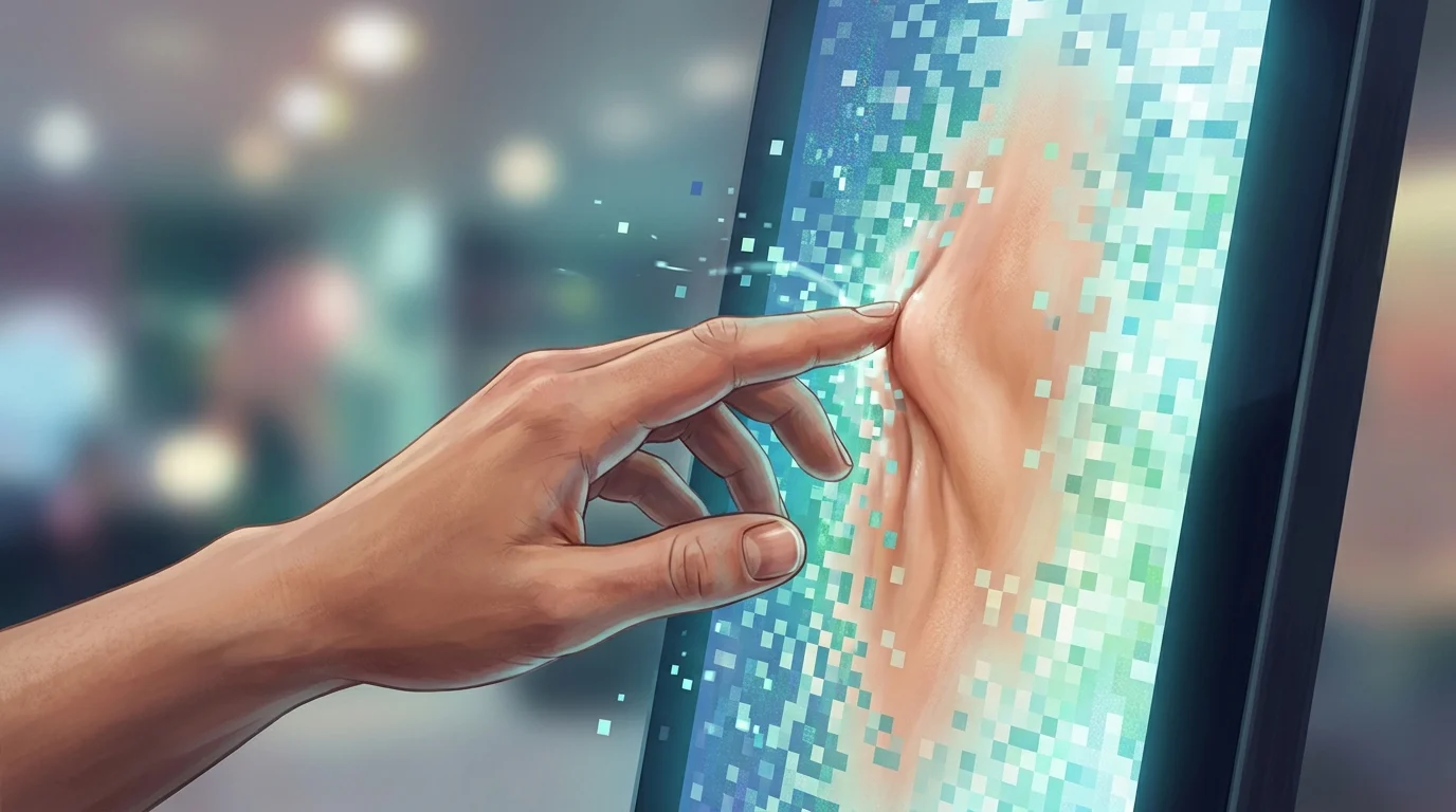 Conceptual imagery of a digital hand transitioning into a human hand.