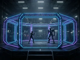 A silhouette of a human facing a robot in a combat cage.