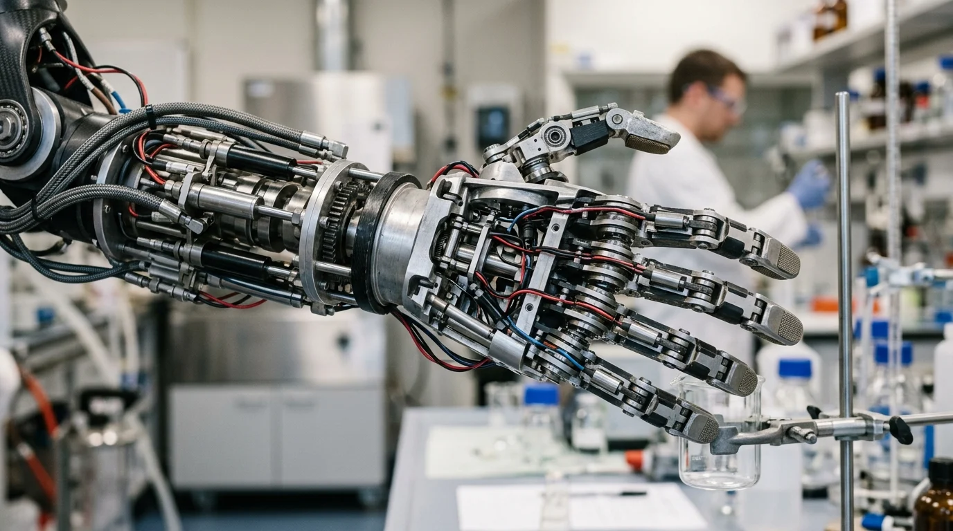 Detailed view of a metallic humanoid robot's hand and wrist joints.