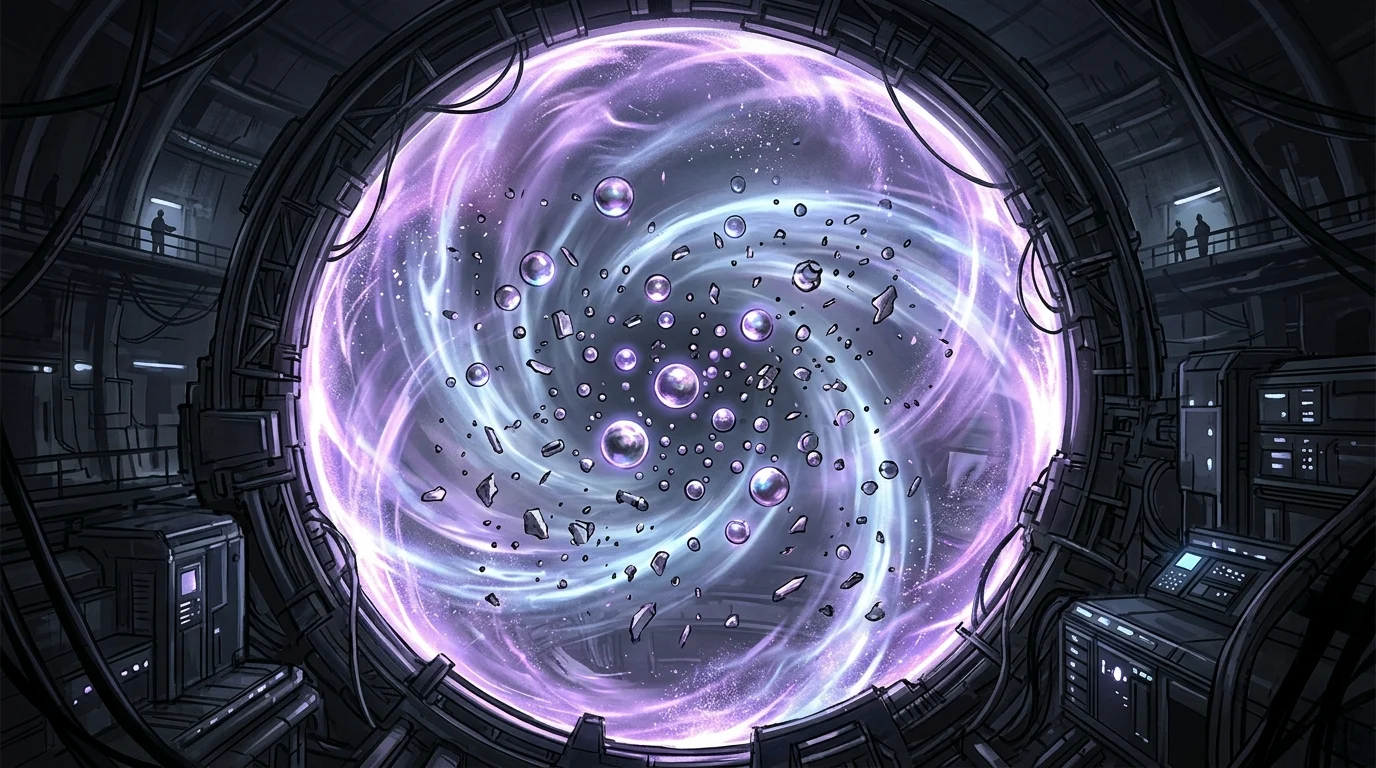 Abstract visual of floating objects within a sphere of distorted gravitational energy.