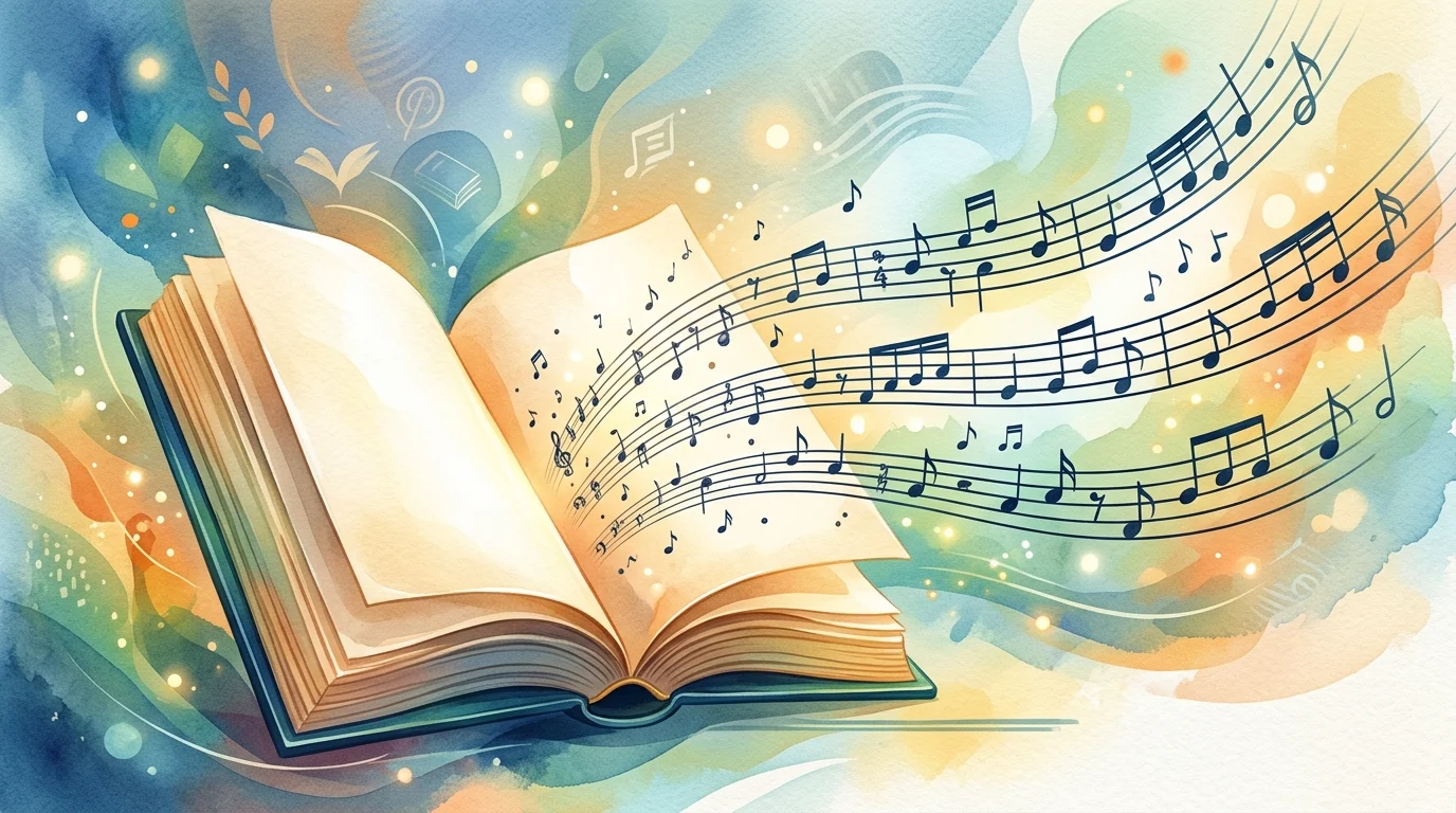 A conceptual image of a book merging with musical notes.