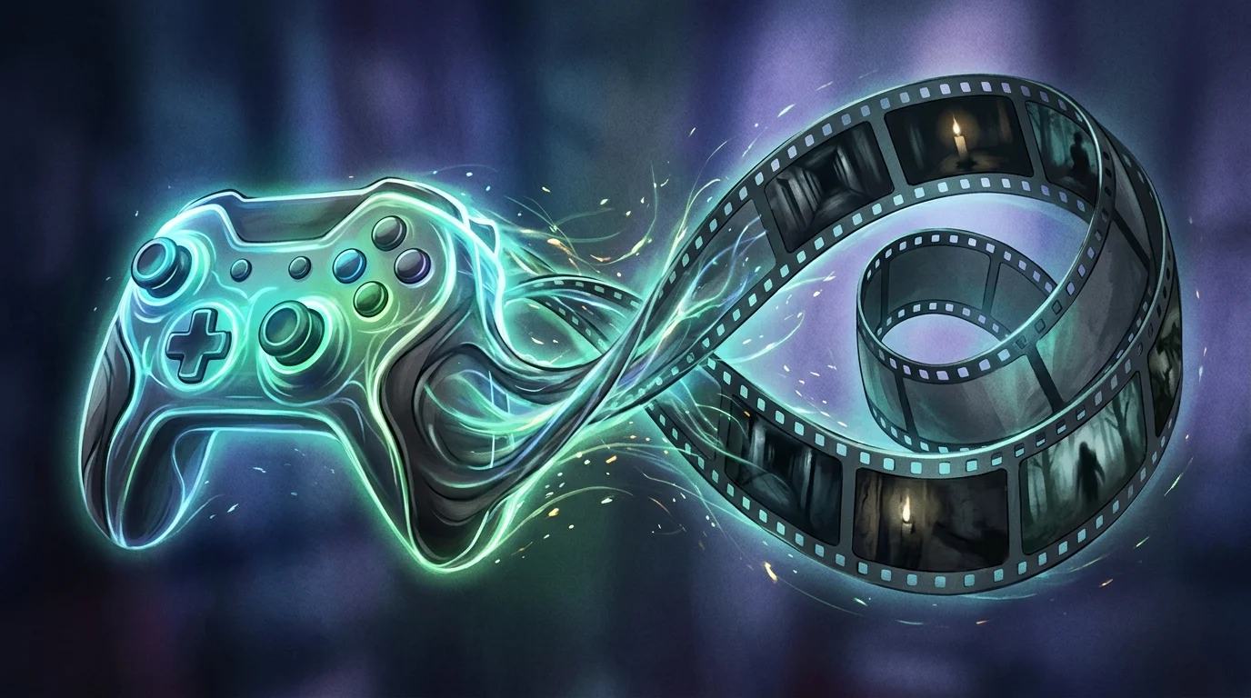 Conceptual art of a game controller merging with a film reel.