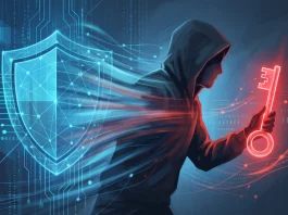 Conceptual art showing a transition from cyber defense to cyber attack with abstract data streams.