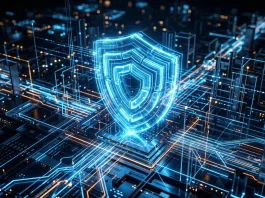 A glowing blue digital shield overlaying a complex data grid representing integrated security.