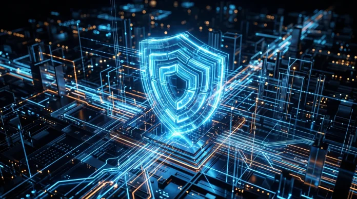 A glowing blue digital shield overlaying a complex data grid representing integrated security.