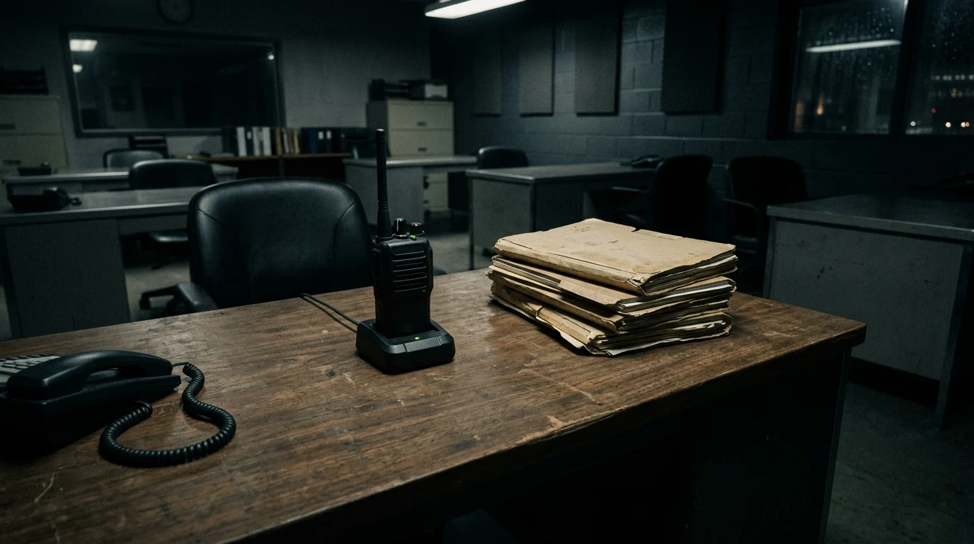 A sparse police desk with a radio and files in a dimly lit room.