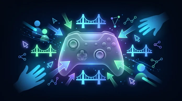 Conceptual illustration of digital crowd assistance icons surrounding a video game controller.