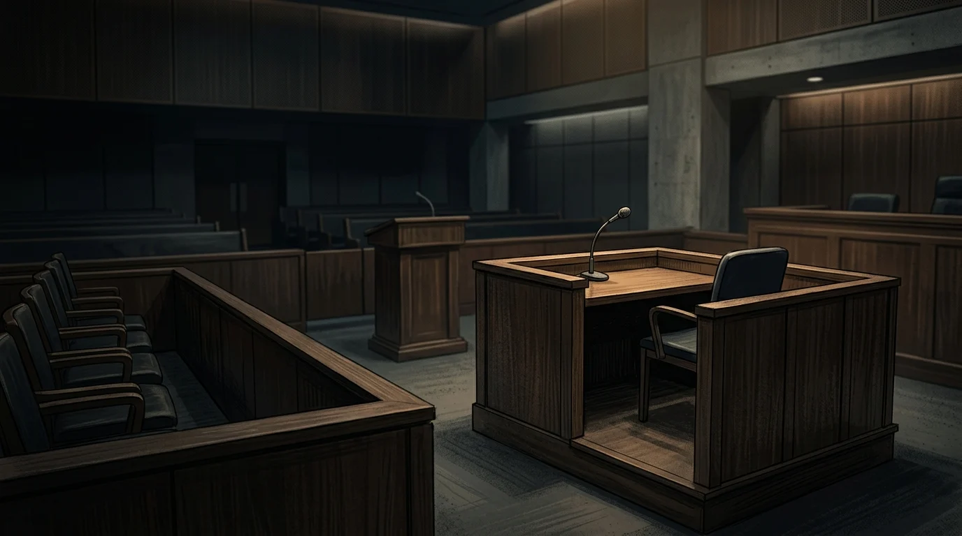 An empty witness stand in a courtroom.