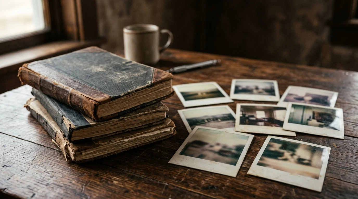 Old notebooks and blurred photos on a dark table