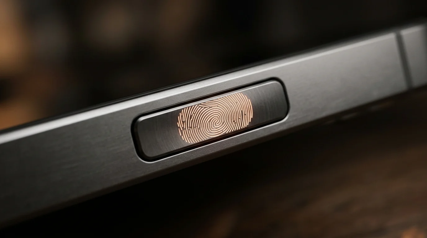 Close-up of a side-mounted fingerprint sensor on a thin mobile device.