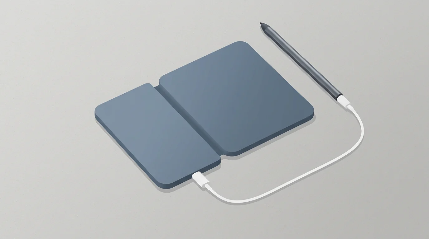 Illustration of a stylus connecting to a folding device via USB-C cable.