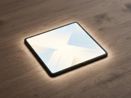 Conceptual image of a folding smartphone display on a retail table.