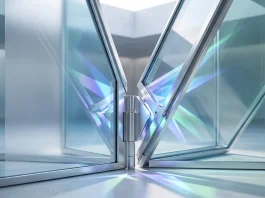 Conceptual visualization of a folding glass screen structure and hinge mechanism.