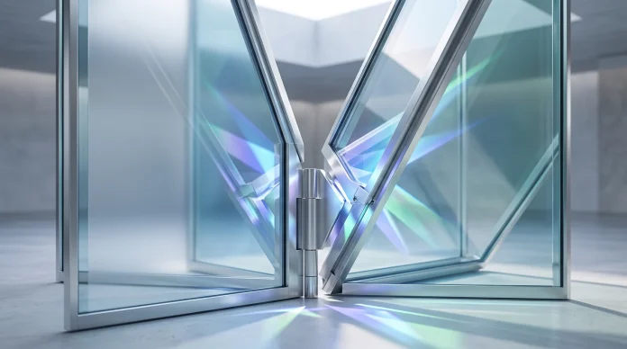 Conceptual visualization of a folding glass screen structure and hinge mechanism.