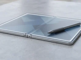 Conceptual rendering of a foldable mobile device with a digital stylus on its screen.
