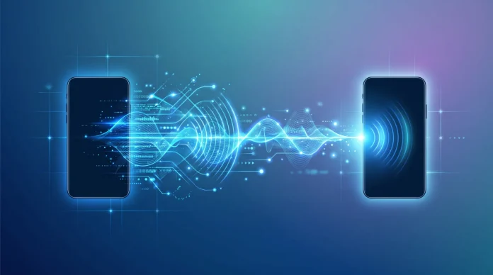 Conceptual illustration of a cellular connection linking two smartphones.