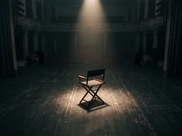 A lone director's chair illuminated by a single spotlight on a dark theater stage.