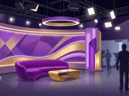 A professional television studio set with a sofa and bright lighting.