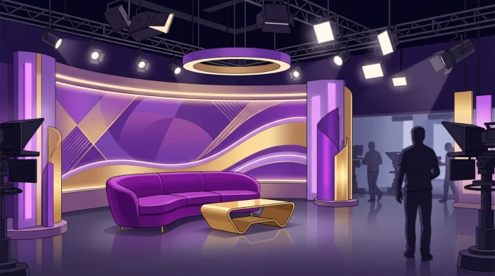 A professional television studio set with a sofa and bright lighting.