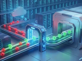 Conceptual illustration of a network security gateway filtering corporate data.