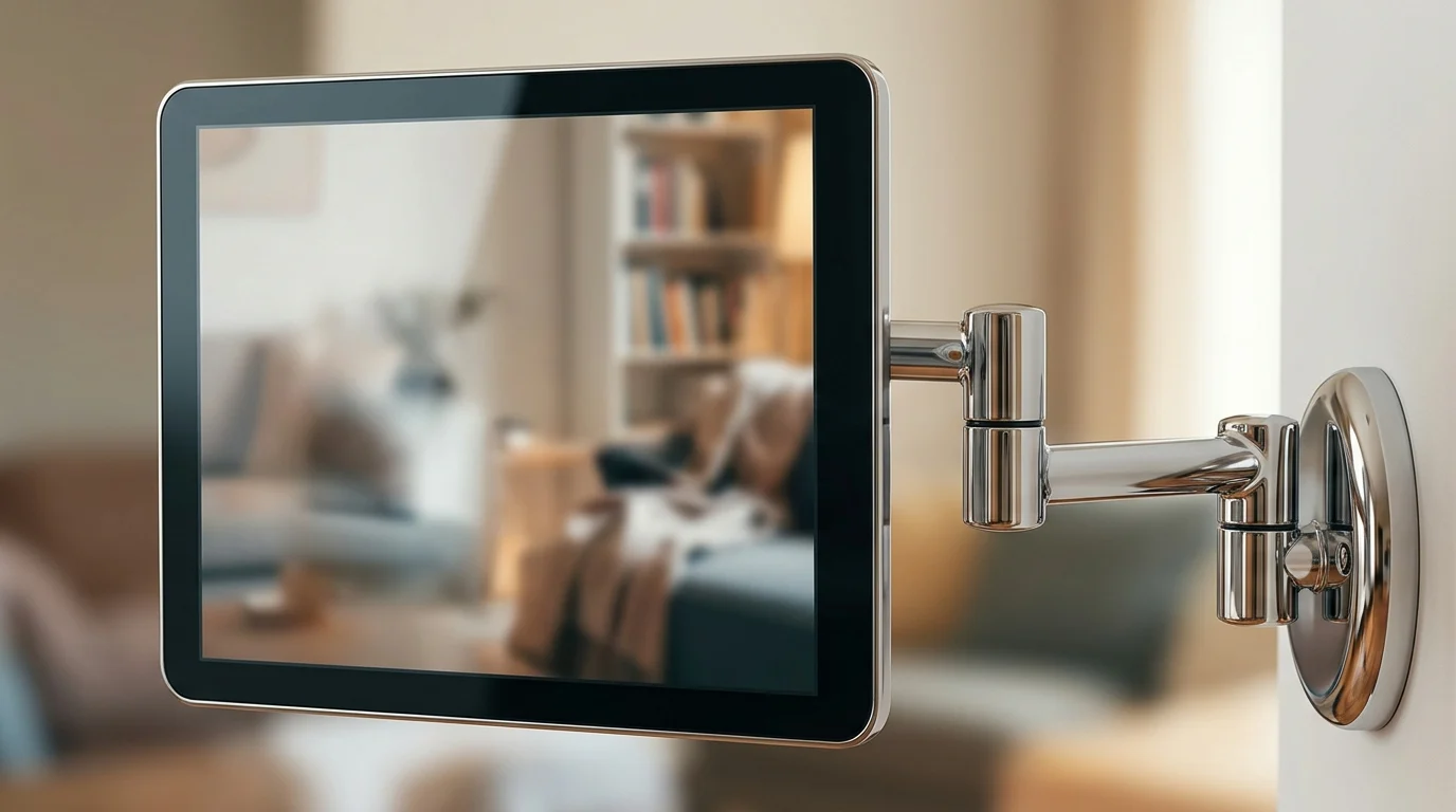 Close-up concept of a tabletop smart display on a metallic arm.