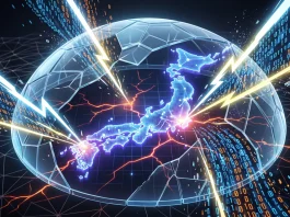 Japan Declares Cybersecurity Emergency After Onamae Desktop Cloud Breach A digital visualization of a cyberattack hitting a map of Japan.