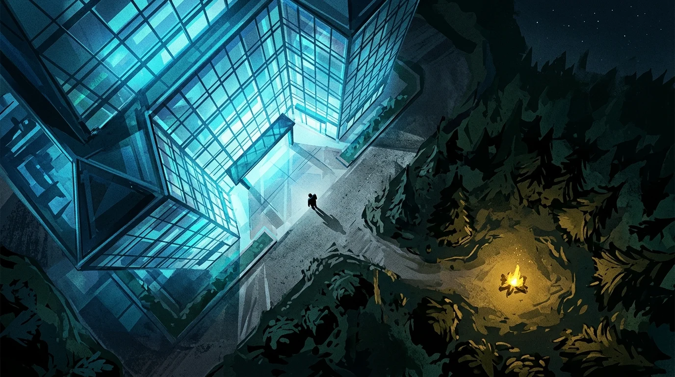 Jeff Kaplan Explains 'Clinical Separation' From Overwatch for Mental Health 1 Abstract digital art of a lone figure leaving a glowing skyscraper for a simple campfire.