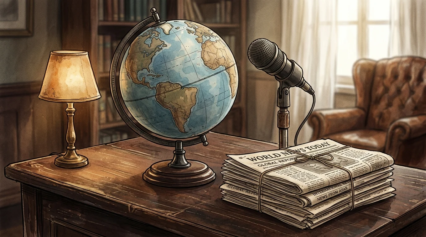 A conceptual image representing international journalism with a globe and microphone.