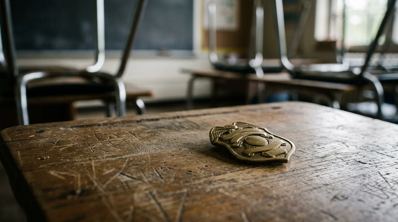 A gold police badge sitting on an old wooden school desk.