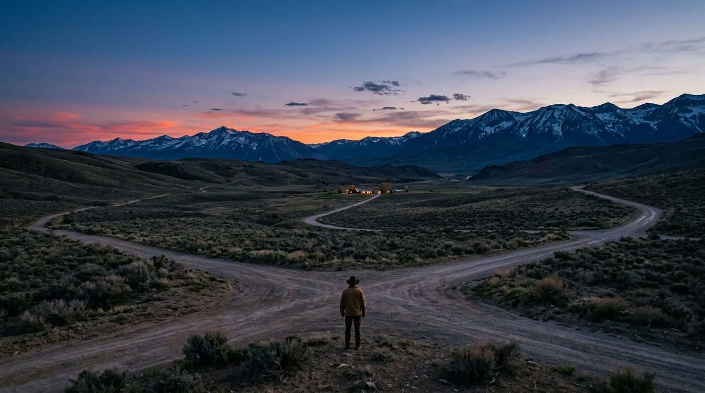 A conceptual view of a figure at a crossroads in a mountain valley.