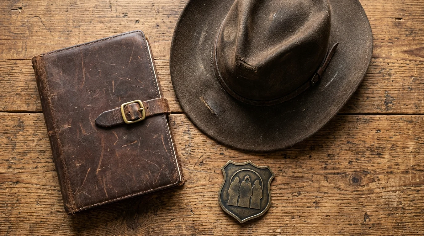 A cowboy hat and law enforcement badge on a wooden desk.